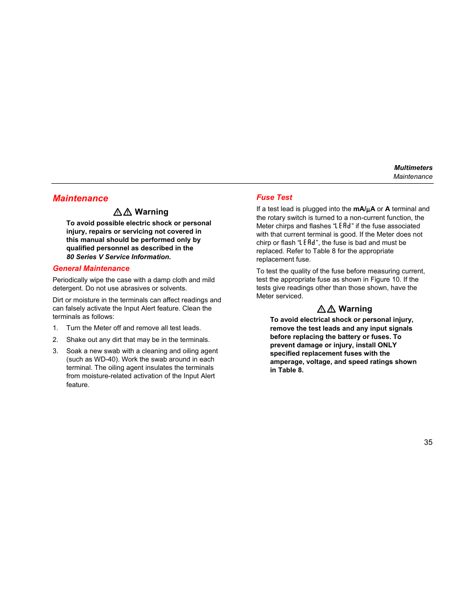 Maintenance, General maintenance, Fuse test | Fluke 87 V User Manual | Page 43 / 60
