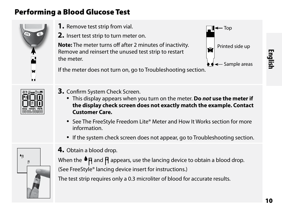 Performing a blood glucose test, Performing a blood glucose test 1, English | Abbott Freestyle Freedom Lite User Manual | Page 14 / 78