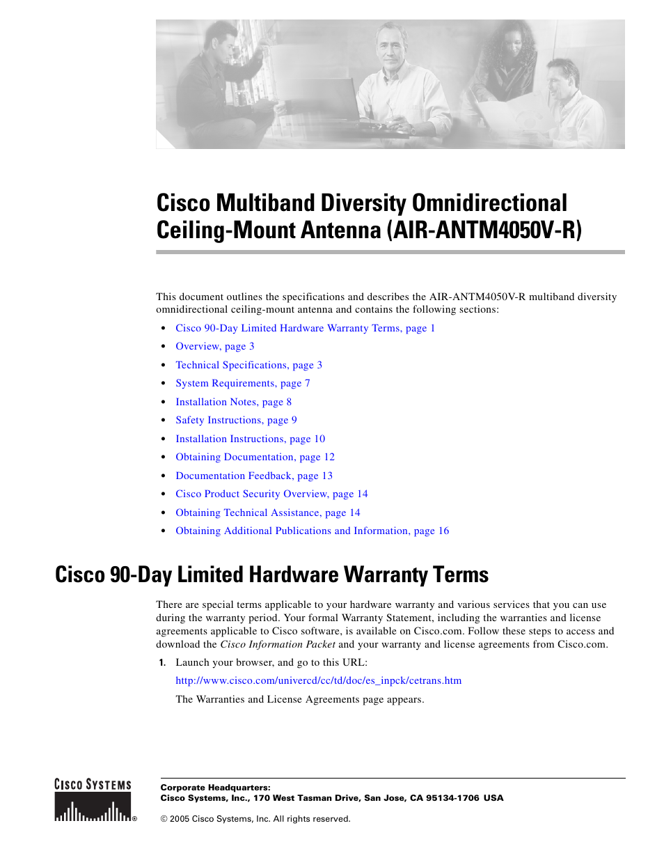 Cisco Multiband Diversity Omnidirectional Ceiling-Mount Antenna AIR-ANTM4050V-R User Manual | 18 pages
