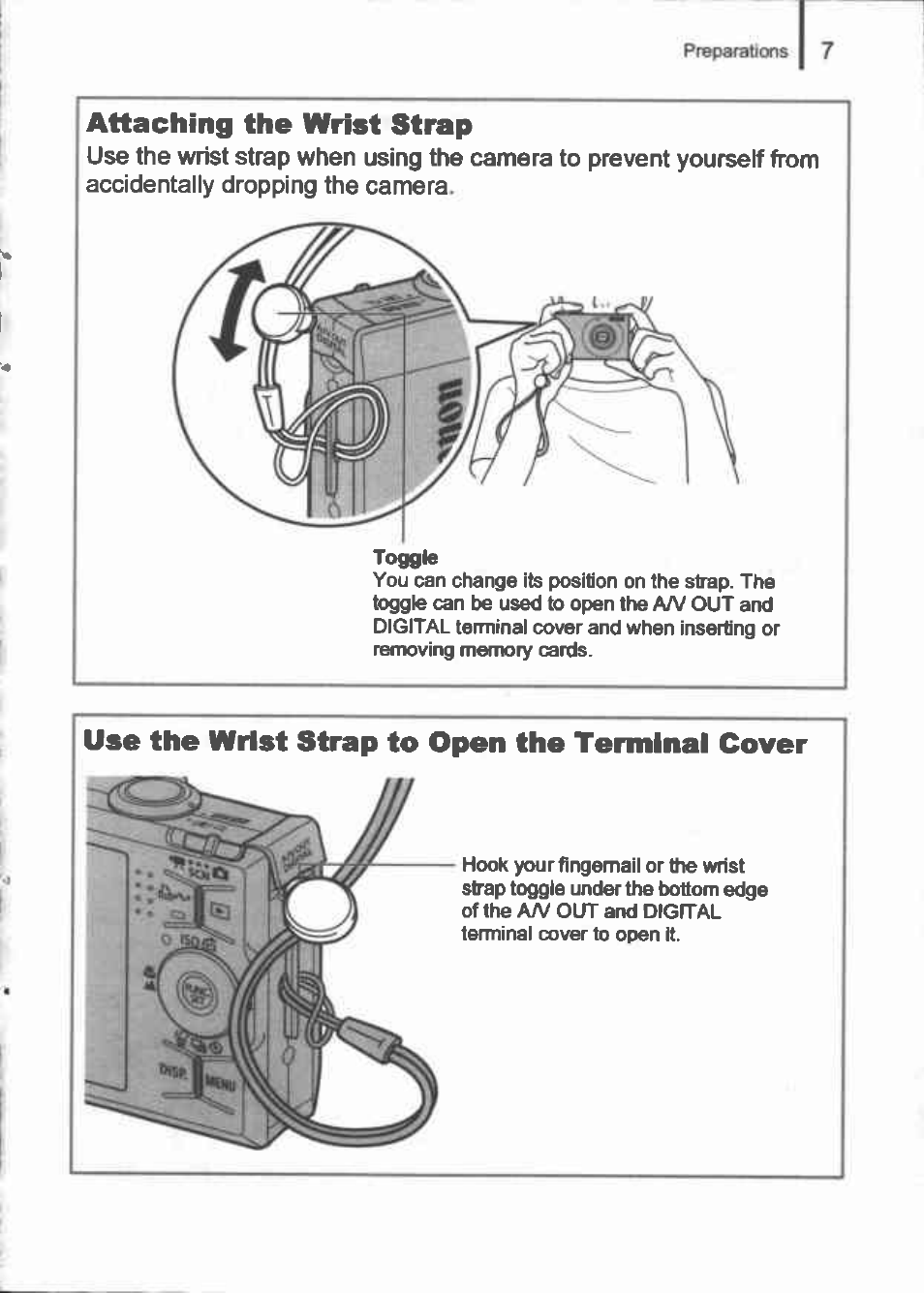 Attaching the wrist strap, Use the wrist strap to open the terminal cover | Canon IXUS 90IS User Manual | Page 9 / 36