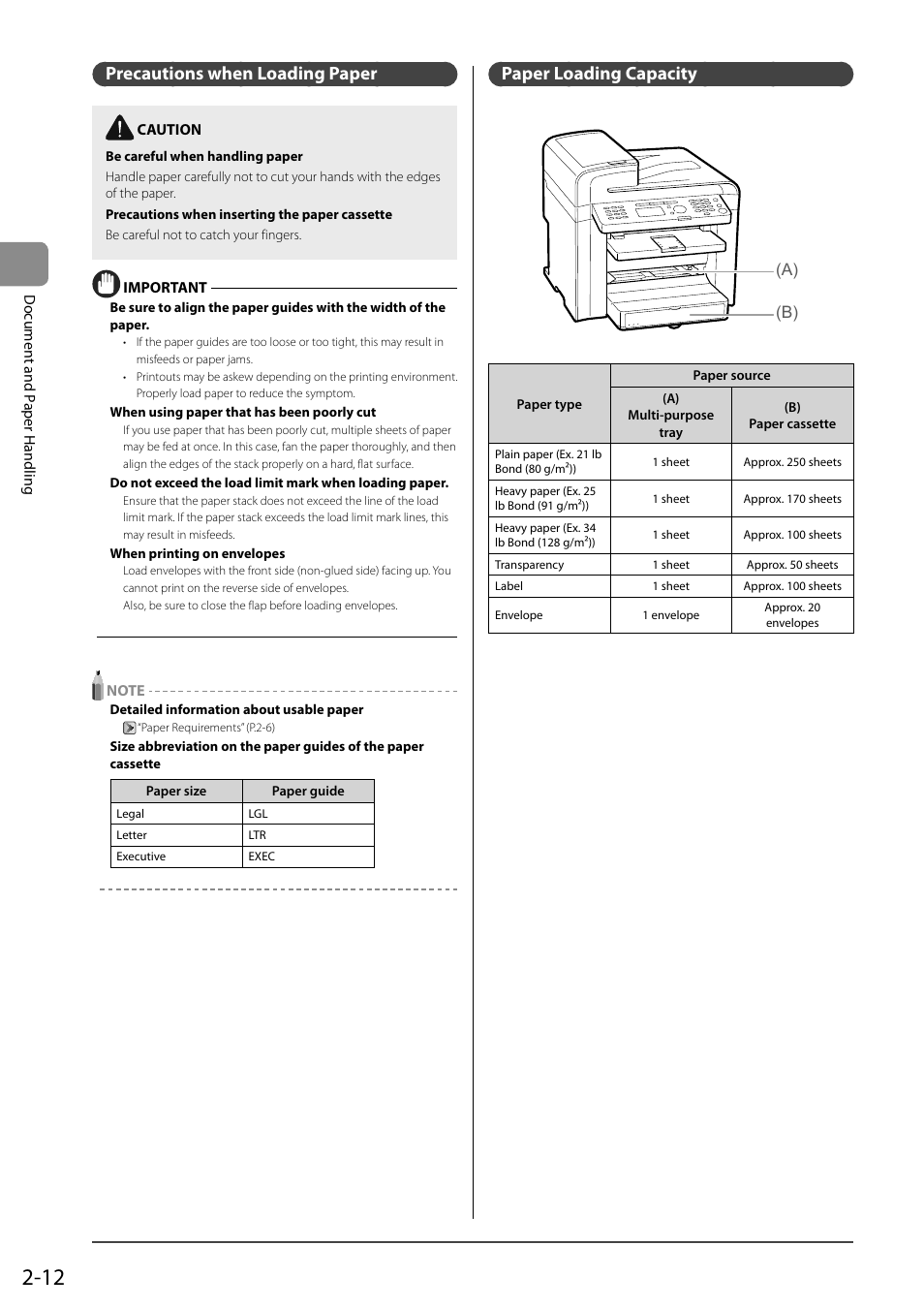 Precautions when loading paper, Paper loading capacity | Canon ImageCLASS MF4570DN User Manual | Page 48 / 164