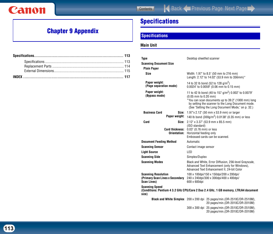 Chapter 9 appendix, Specifications, Back previous page next page | Canon DR-2510M User Manual | Page 113 / 118