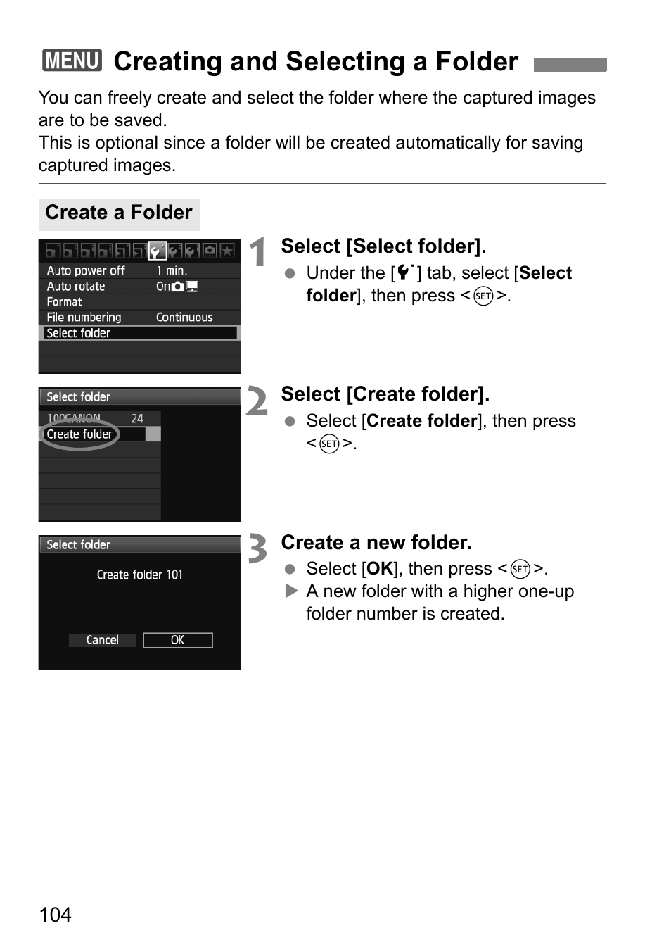 Creating and selecting a folder, 3creating and selecting a folder | Canon EOS 60D User Manual | Page 104 / 320