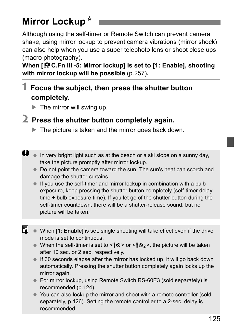 Mirror lockup, Mirror lockup n | Canon EOS 60D User Manual | Page 125 / 320