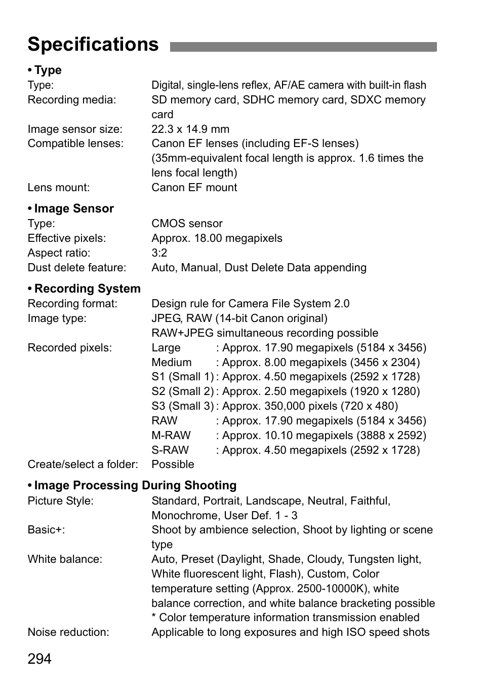 Specifications | Canon EOS 60D User Manual | Page 294 / 320