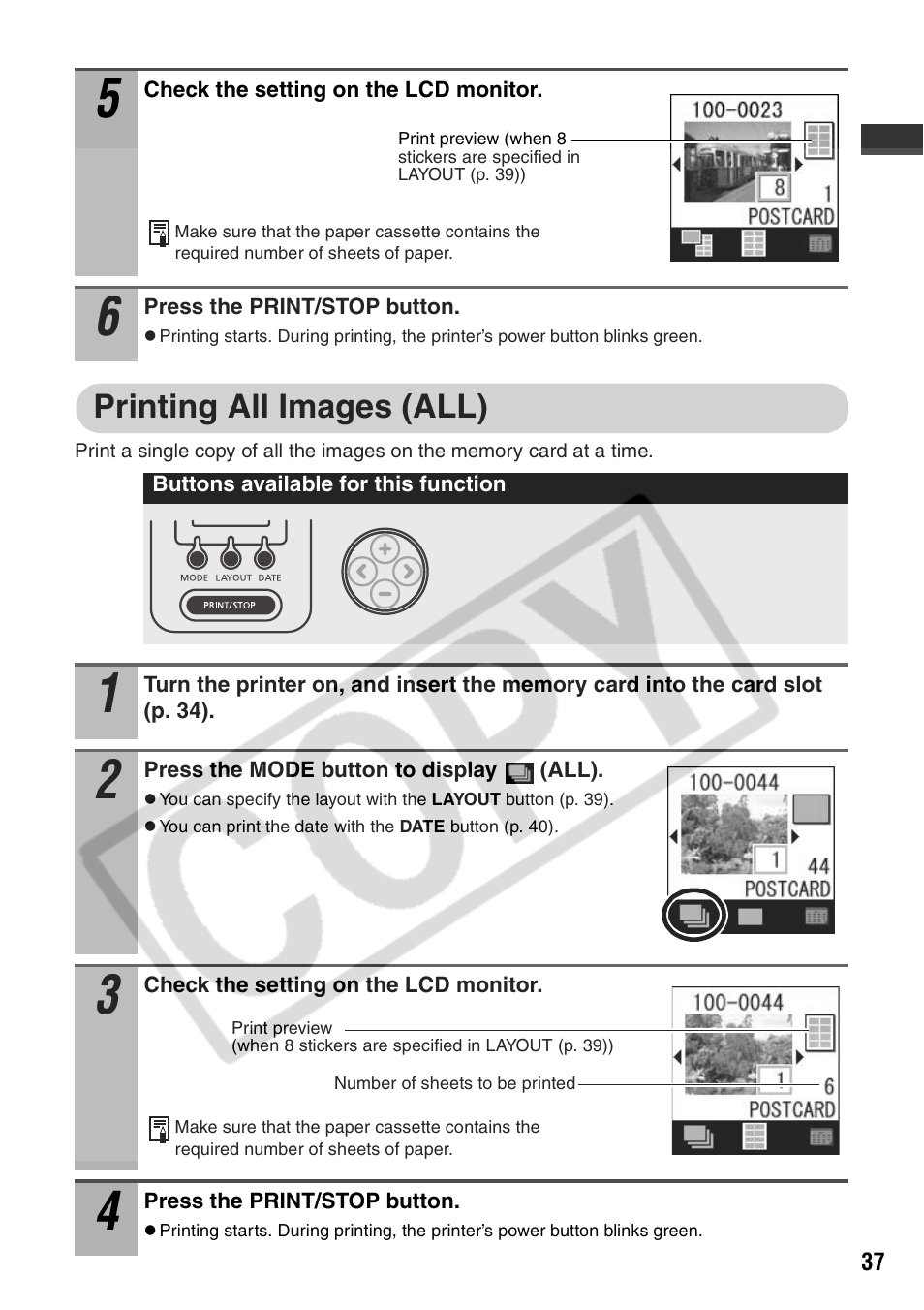 Printing all images (all) | Canon CP710 User Manual | Page 39 / 69