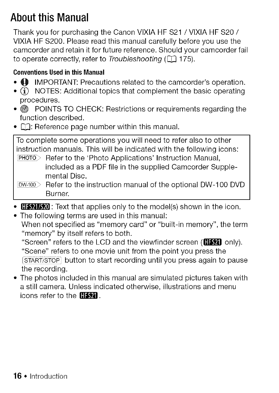 About this manual | Canon HF S21 User Manual | Page 16 / 104