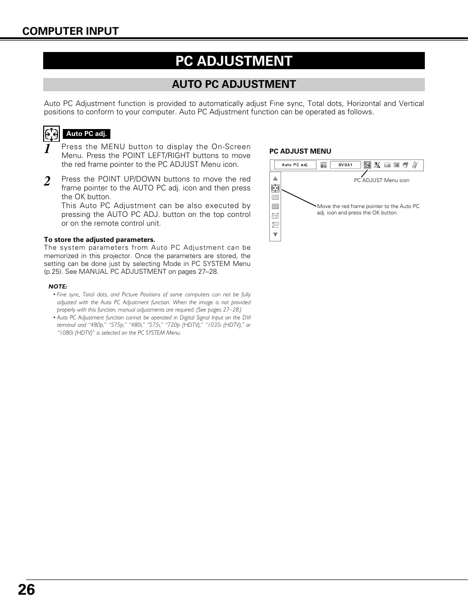 Pc adjustment, Auto pc adjustment, Computer input | Canon LV-7575 User Manual | Page 26 / 63