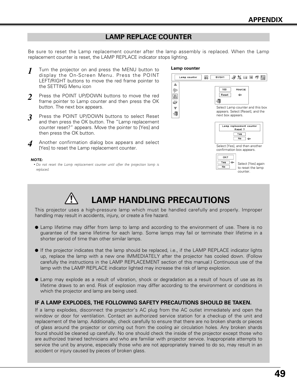 Lamp replace counter, Lamp handling precautions, Appendix lamp replace counter | Canon LV-7575 User Manual | Page 49 / 63