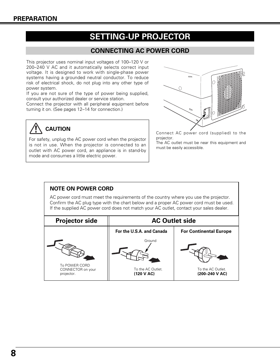 Setting-up projector, Connecting ac power cord, Preparation | Projector side ac outlet side | Canon LV-7575 User Manual | Page 8 / 63