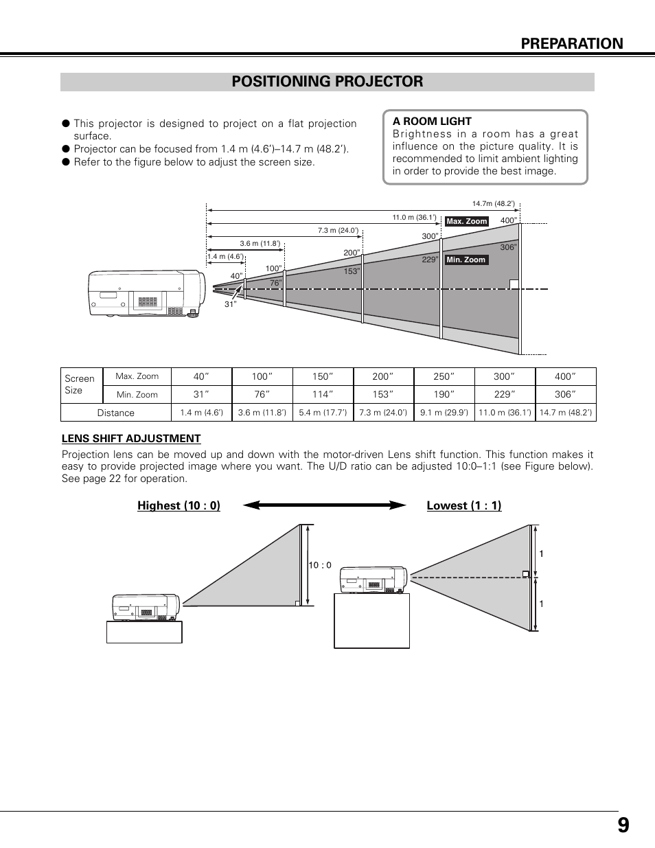 Positioning projector, Preparation positioning projector | Canon LV-7575 User Manual | Page 9 / 63