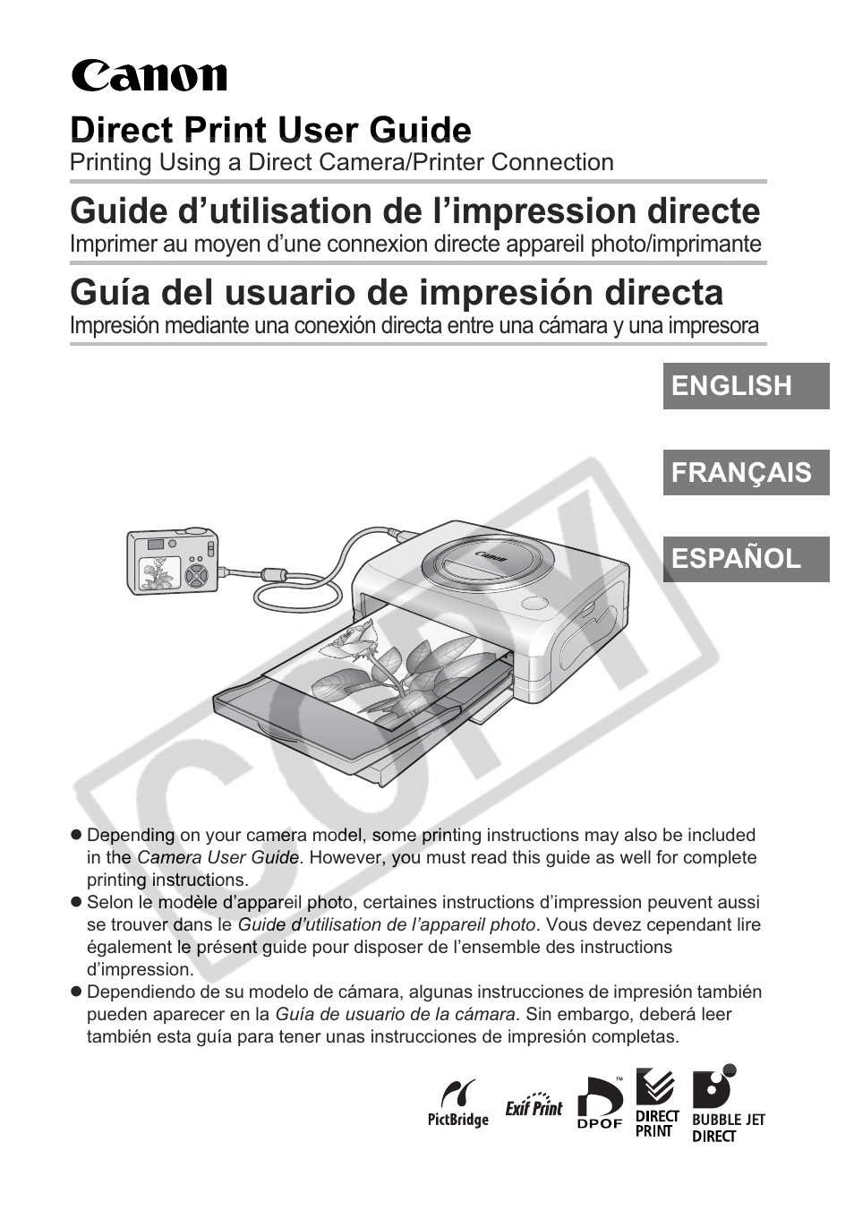 Canon Printing Using a Direct Camera/Printer Connection Guide Direct Print User Manual | 76 pages