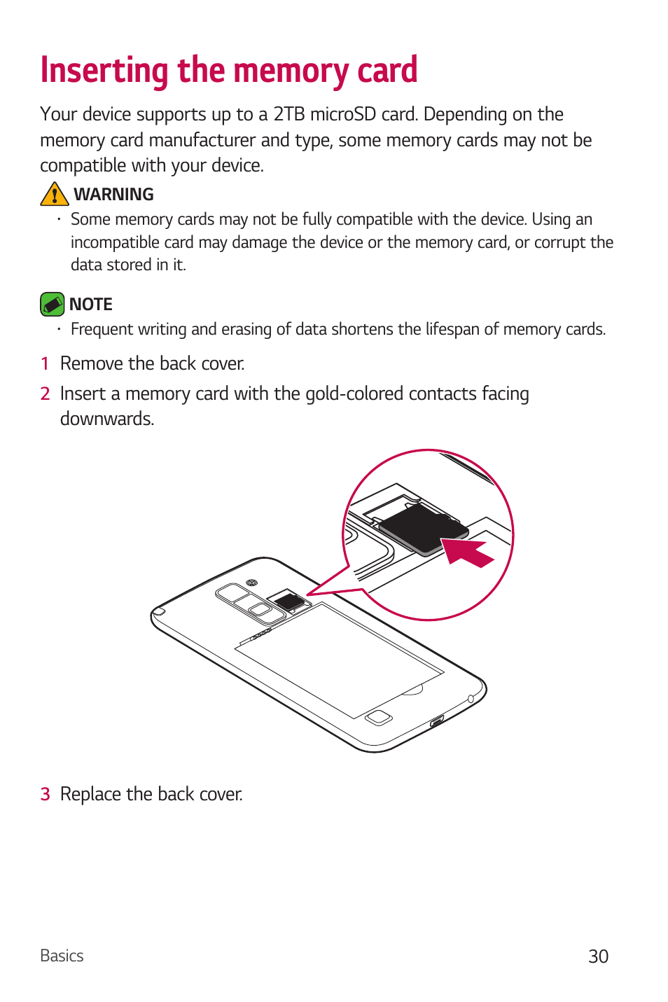 Inserting the memory card | LG Stylo 2 Plus LG-K550 User Manual | Page 31 / 129