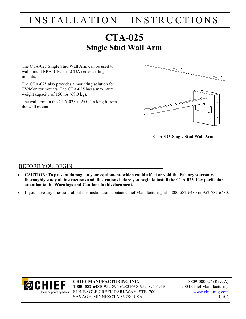 Chief Manufacturing Single Stud Wall Arm CTA-025 User Manual | 6 pages