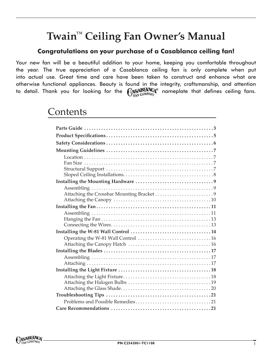 Casablanca Fan Company Twain TYPE HANGER TYPE DJ01 1151 C25G624FPOMONA User Manual | 22 pages