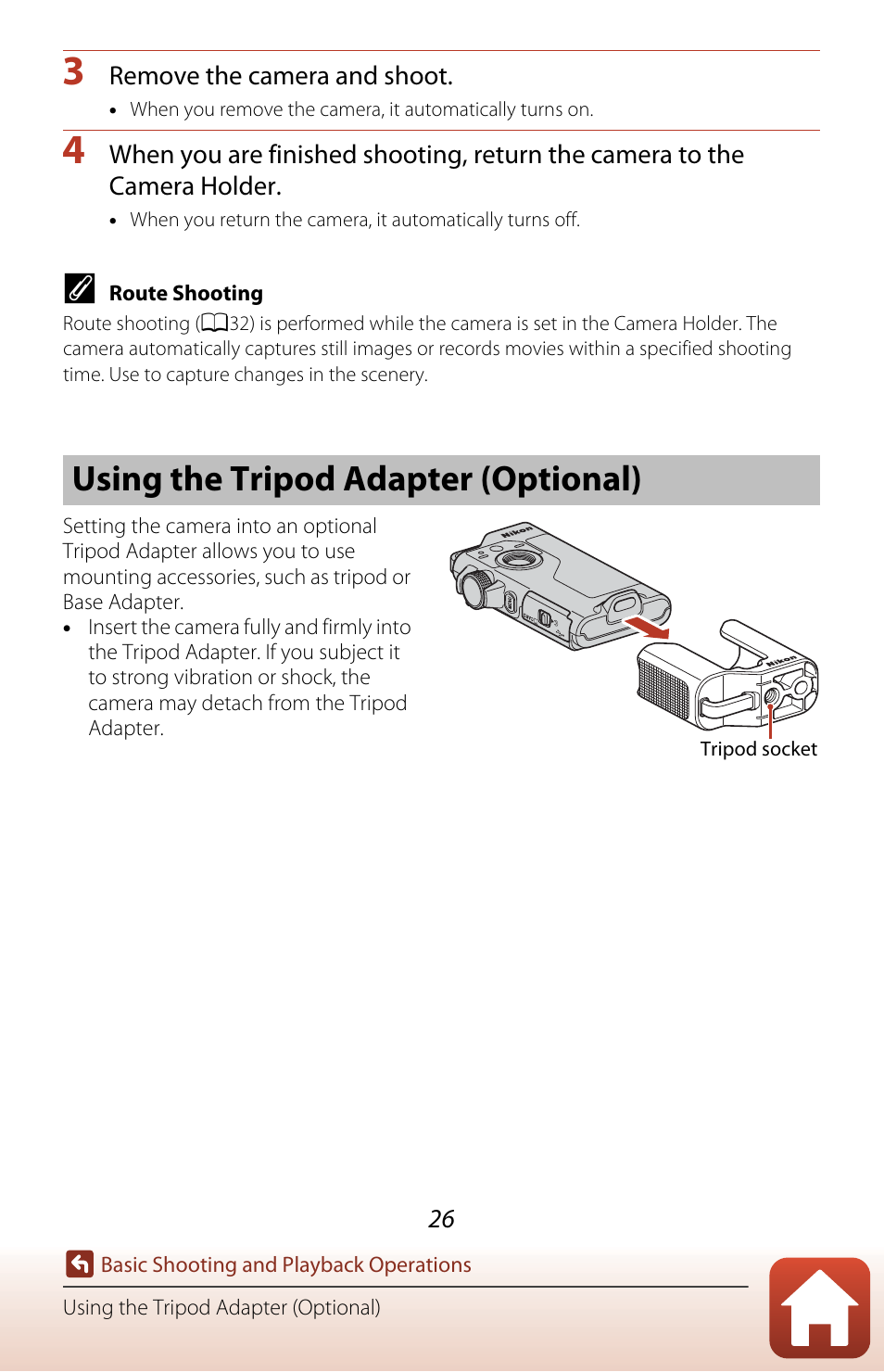Using the tripod adapter (optional) | Nikon KeyMission 80 User Manual | Page 42 / 104