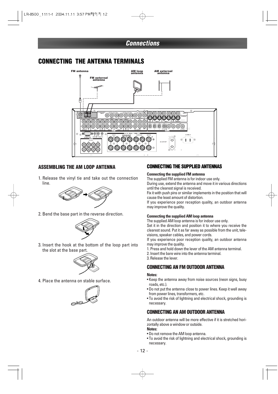 Connecting the antenna terminals, Connections | Luxman LR-8500 User Manual | Page 12 / 41