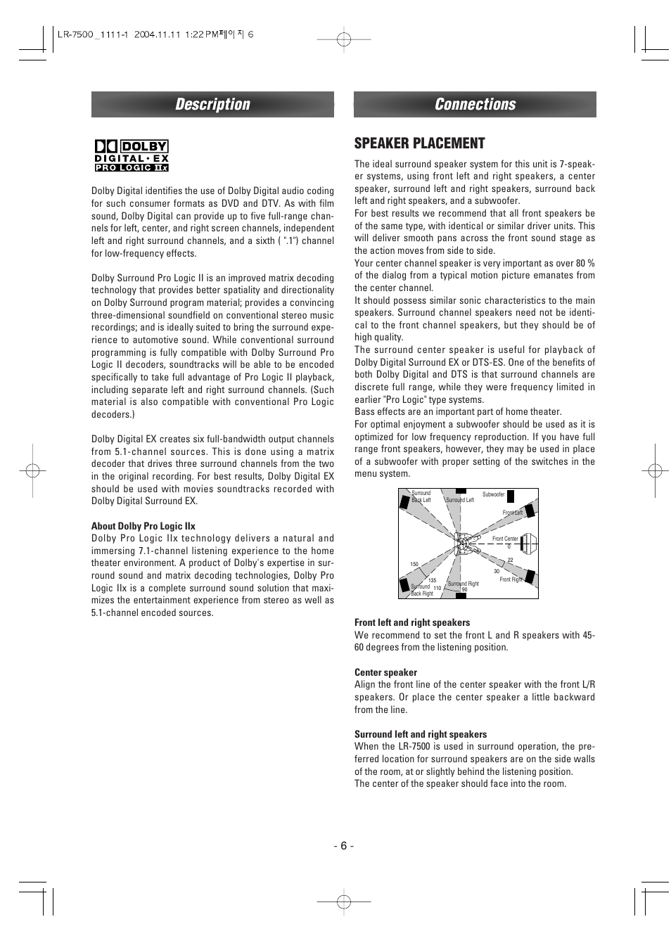 Connections, Description, Speaker placement | Luxman LR-7500 User Manual | Page 6 / 36