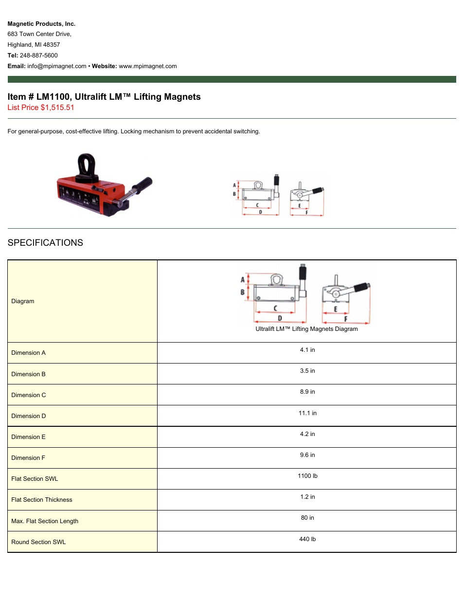 Magnetic Products LM1100 User Manual | 2 pages