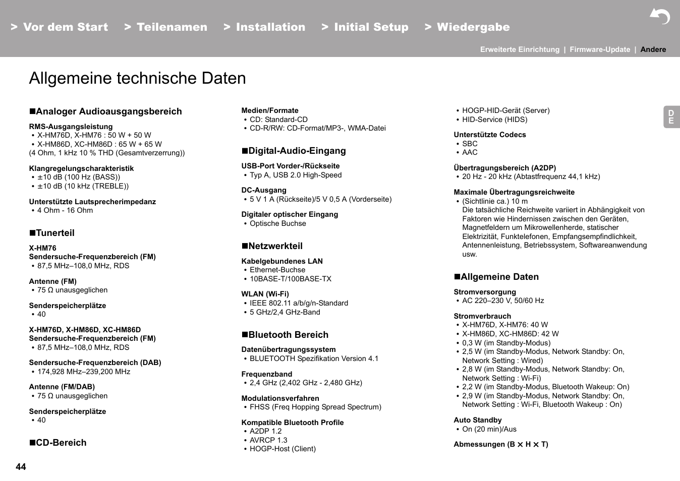 Allgemeine technische daten | Pioneer X-HM76 User Manual | Page 233 / 330