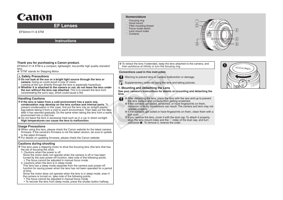 Canon EF 50mm f/1,8 STM User Manual | 2 pages