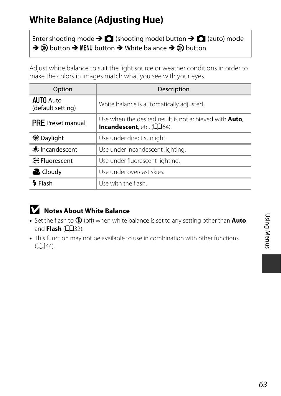 White balance (adjusting hue) | Nikon Coolpix A100 User Manual | Page 79 / 144