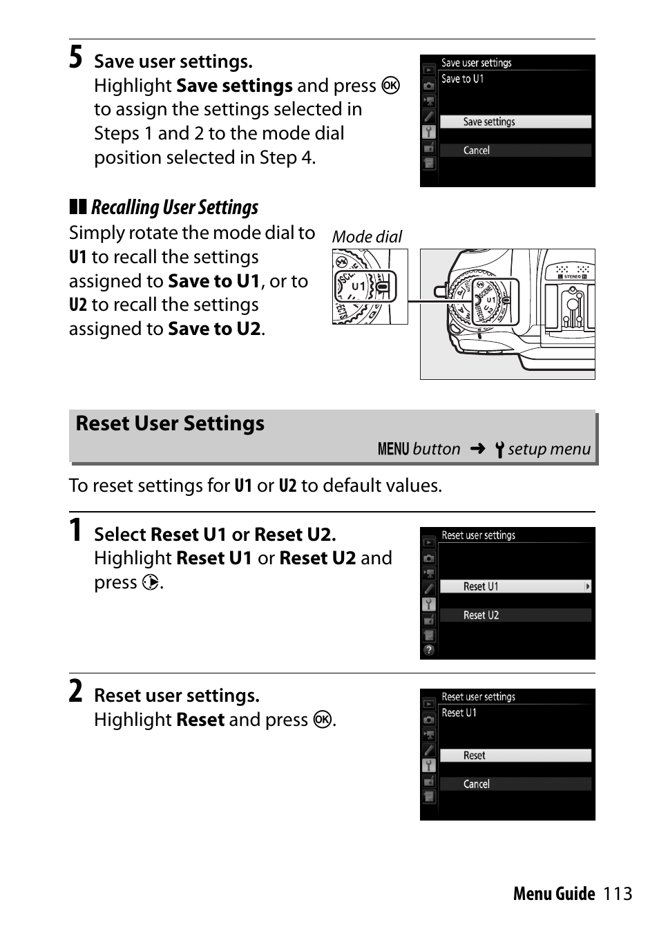 Reset user settings | Nikon D7200 body User Manual | Page 113 / 202