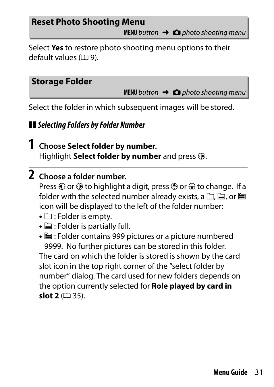 Reset photo shooting menu, Storage folder | Nikon D7200 body User Manual | Page 31 / 202