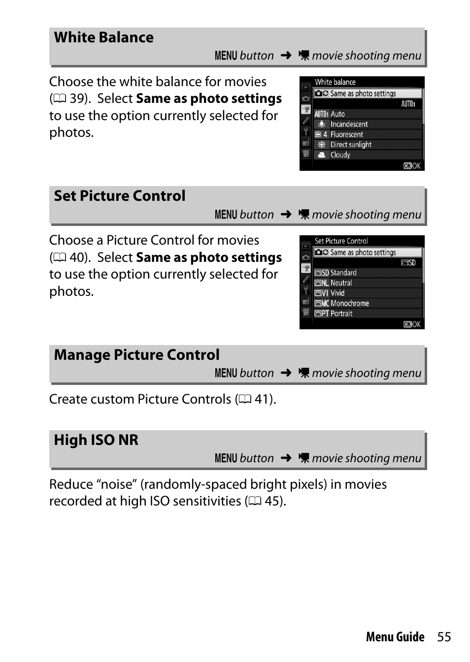 White balance, Set picture control, Manage picture control | High iso nr | Nikon D7200 body User Manual | Page 55 / 202