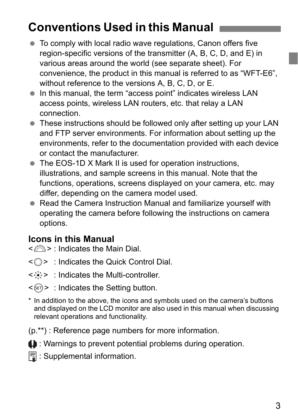 Conventions used in this manual | Canon EOS 1D X Mark II User Manual | Page 3 / 152