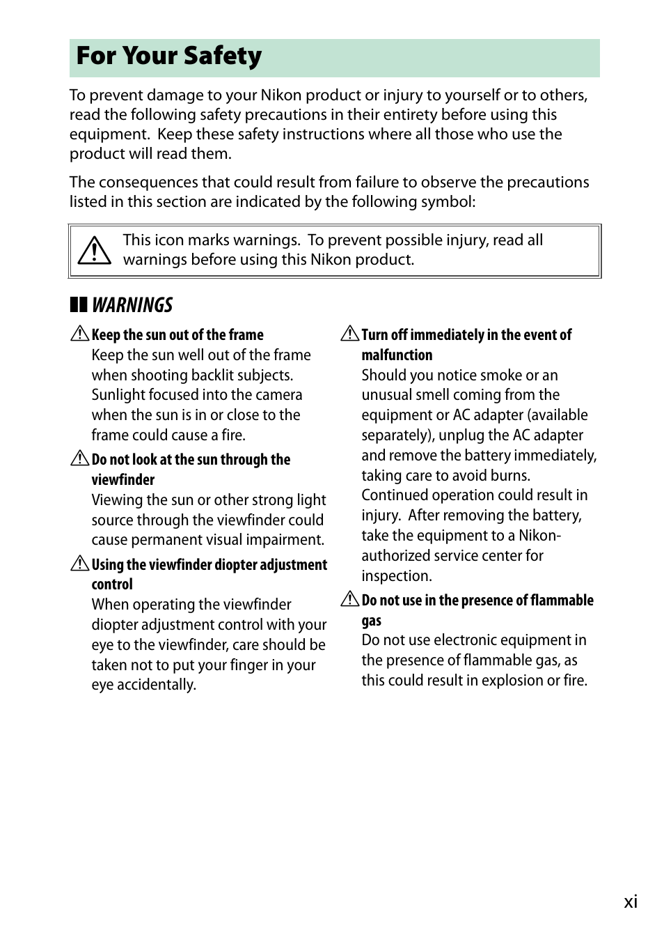 For your safety, Warnings | Nikon D5500 User Manual | Page 13 / 436