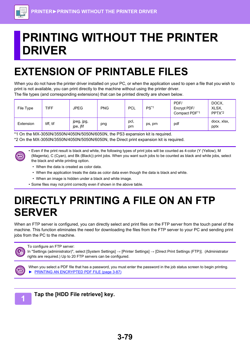 Printing without the printer driver, Extension of printable files -79, Directly printing a file on an ftp server -79 | Extension of printable files, Directly printing a file on an ftp server | Sharp MX-6070N User Manual | Page 386 / 935