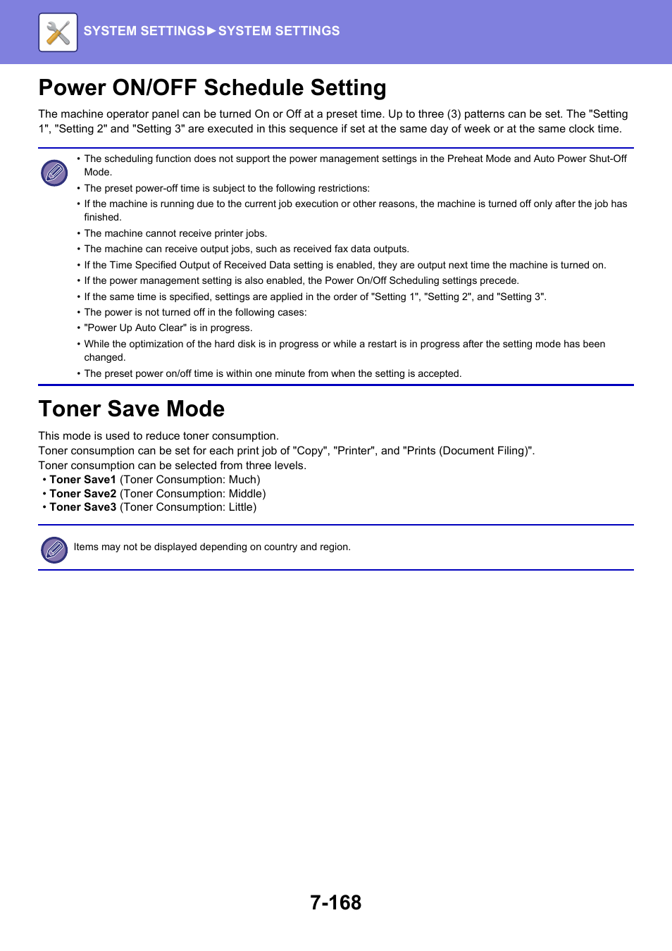 Toner save mode, Power on/off schedule setting -168, Toner save mode -168 | Power on/off schedule setting | Sharp MX-6070N User Manual | Page 883 / 935