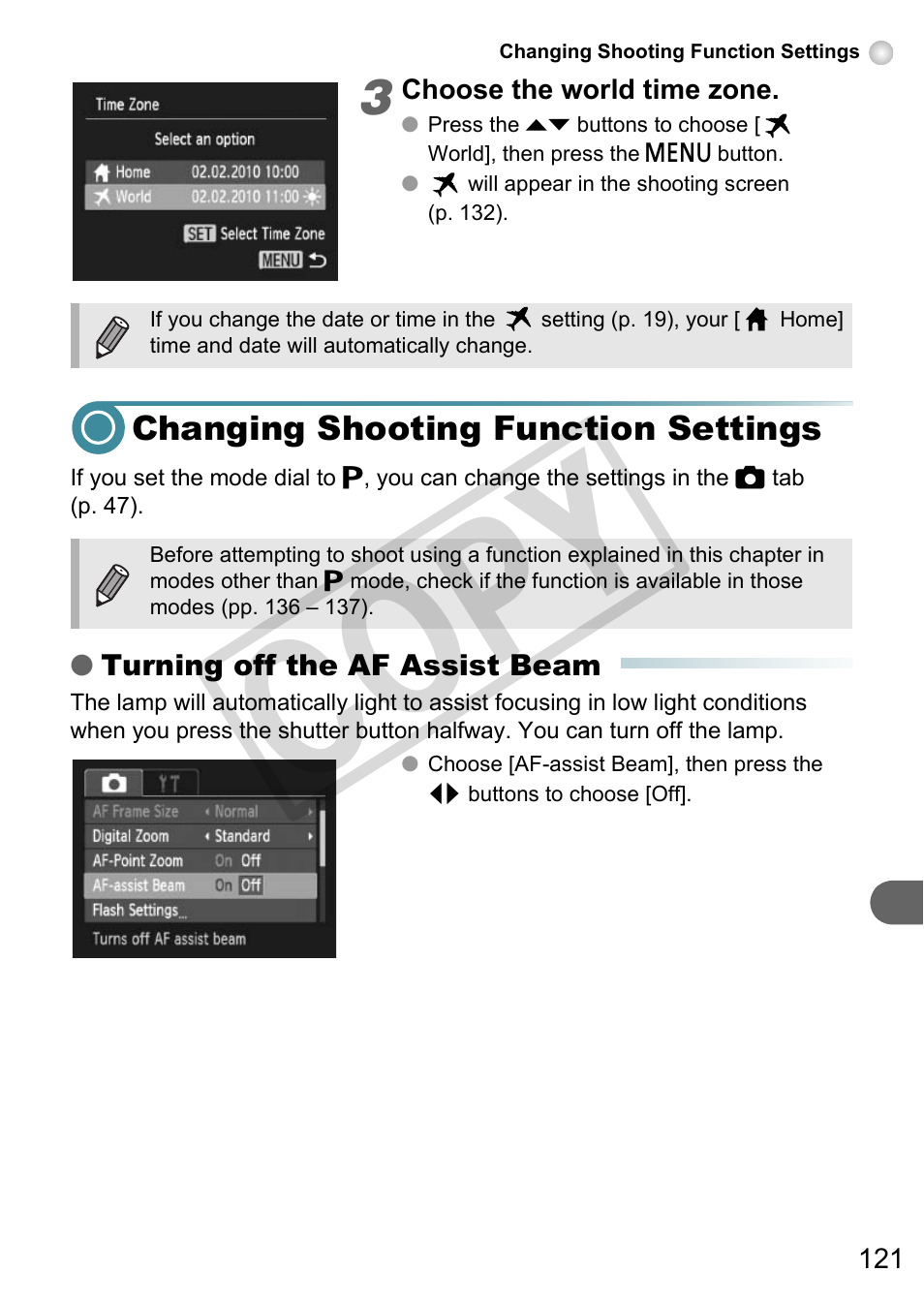 Changing shooting function settings, P. 121), Co py | Canon A3000 IS User Manual | Page 121 / 148