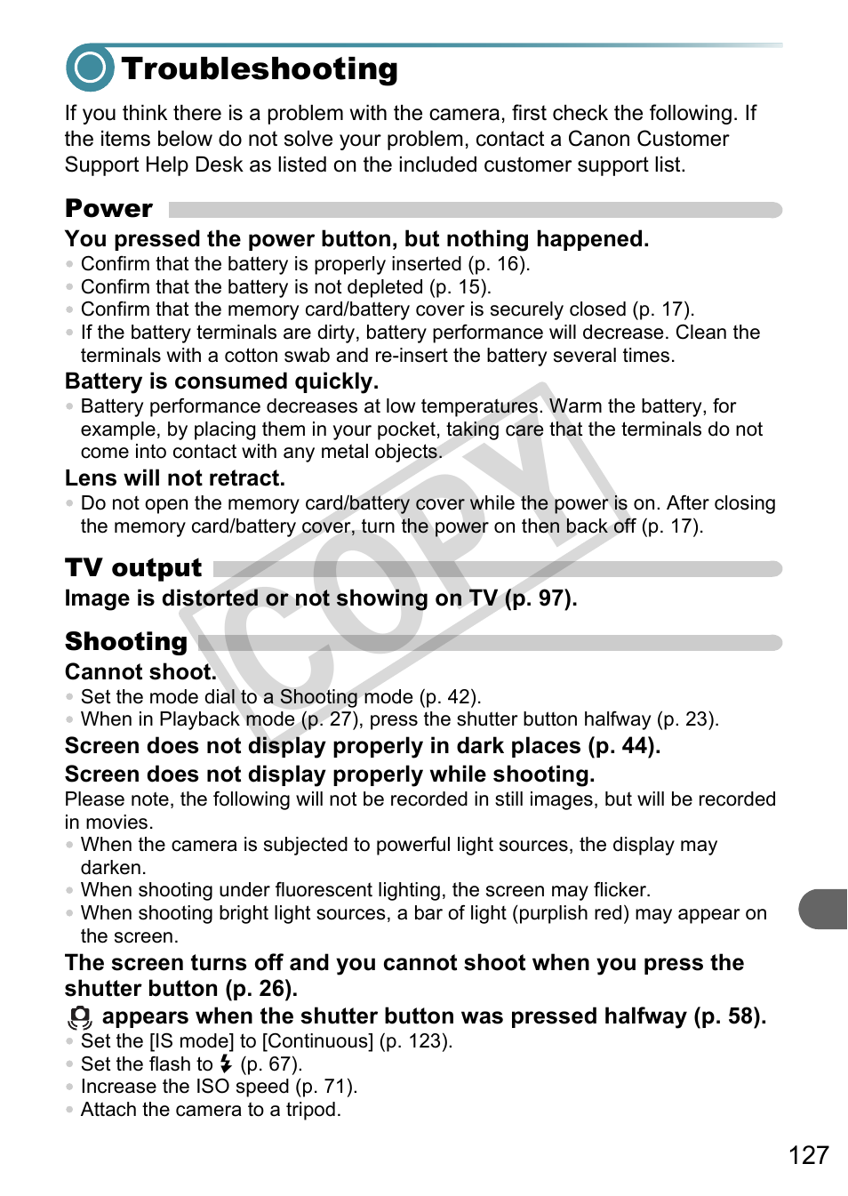 Troubleshooting, Co py | Canon A3000 IS User Manual | Page 127 / 148