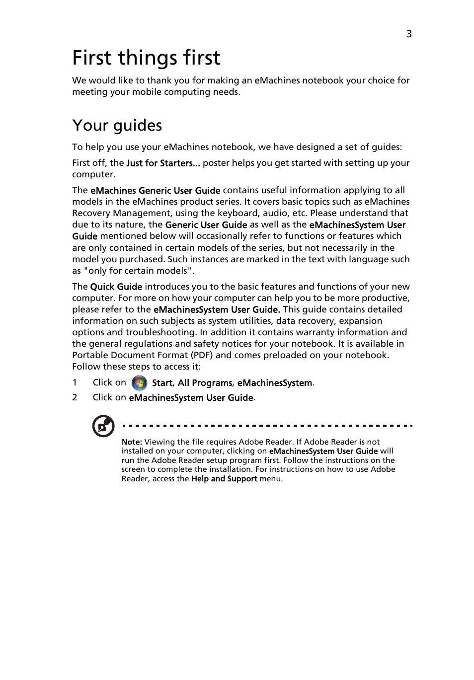 First things first, Your guides | eMachines E520 Series User Manual | Page 3 / 11
