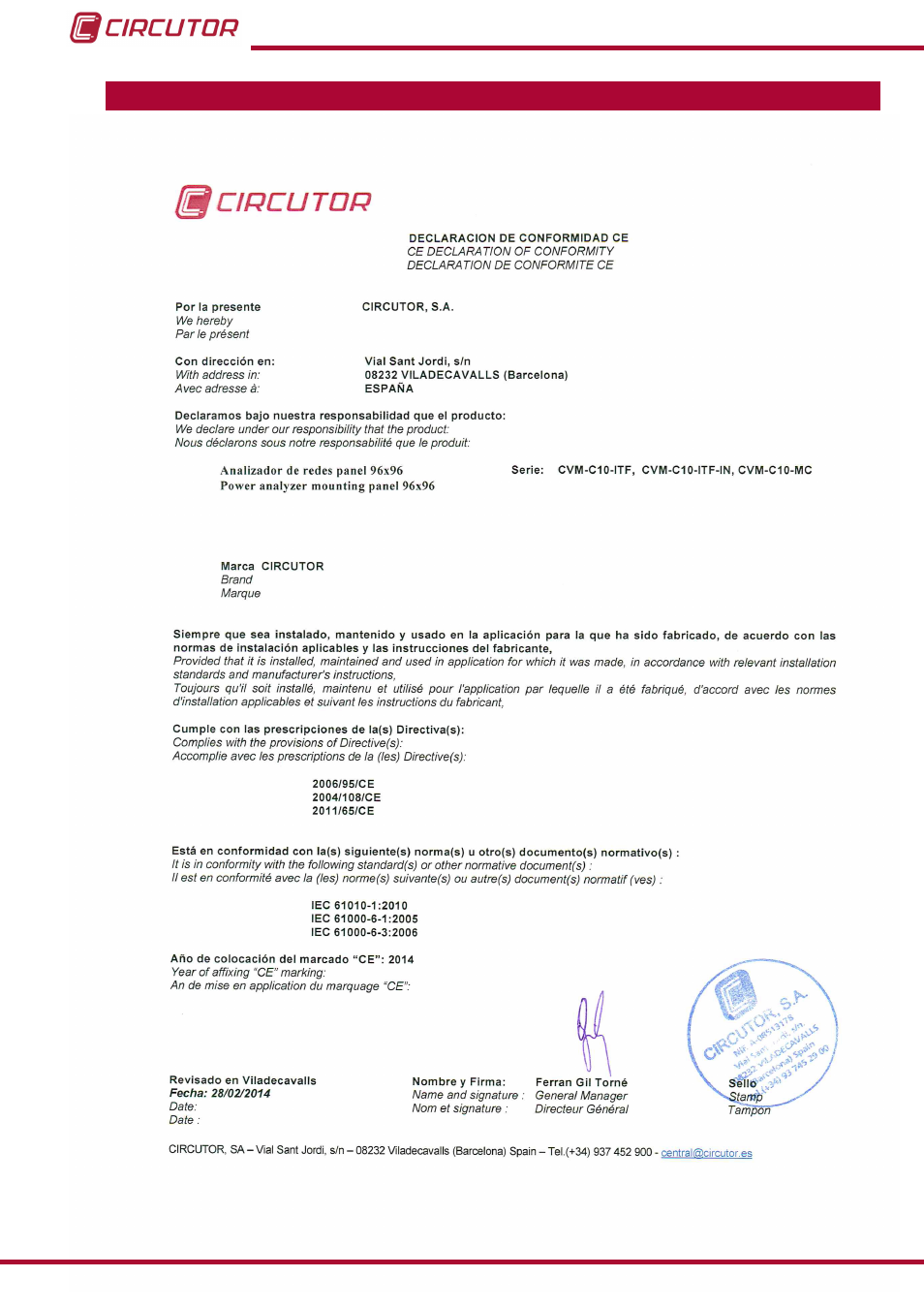 Ce certificate | CIRCUTOR CVM-C10 Series User Manual | Page 80 / 82