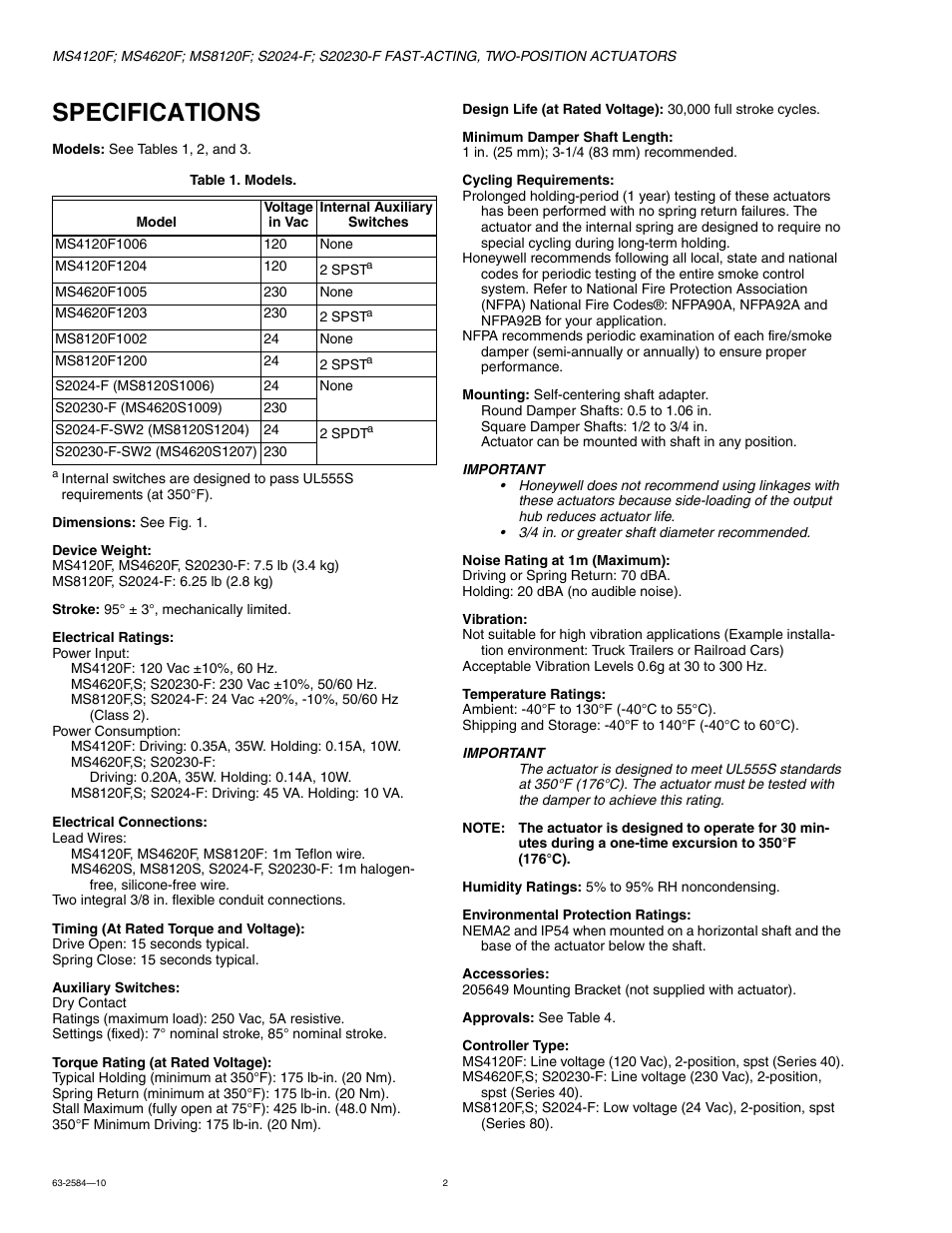 Specifications | Honeywell MS8120S User Manual | Page 2 / 12
