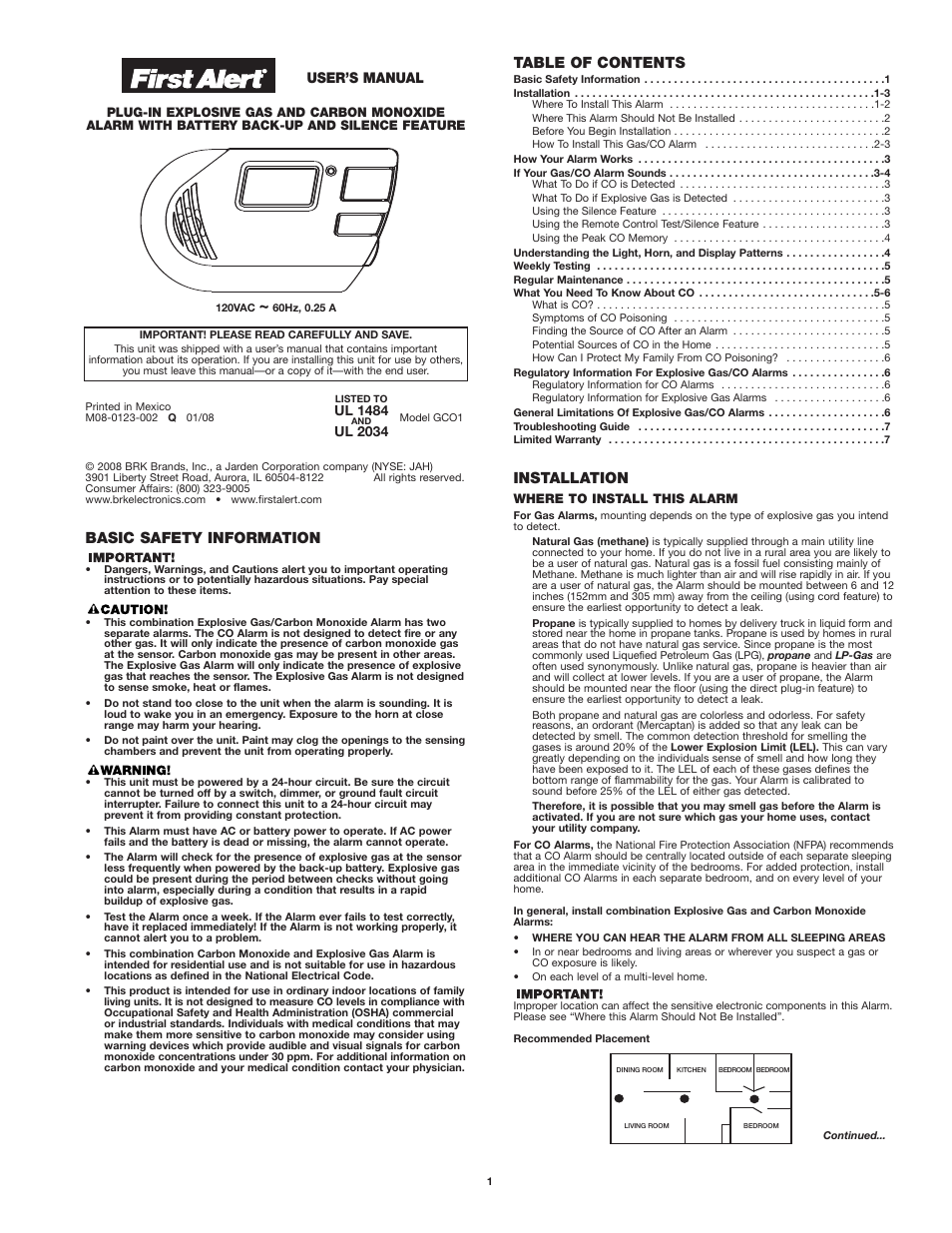 First Alert Model GCO1 User Manual | 7 pages