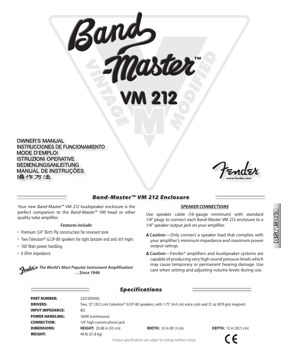 Fender Band-Master VM 212 Enclosure User Manual | 4 pages