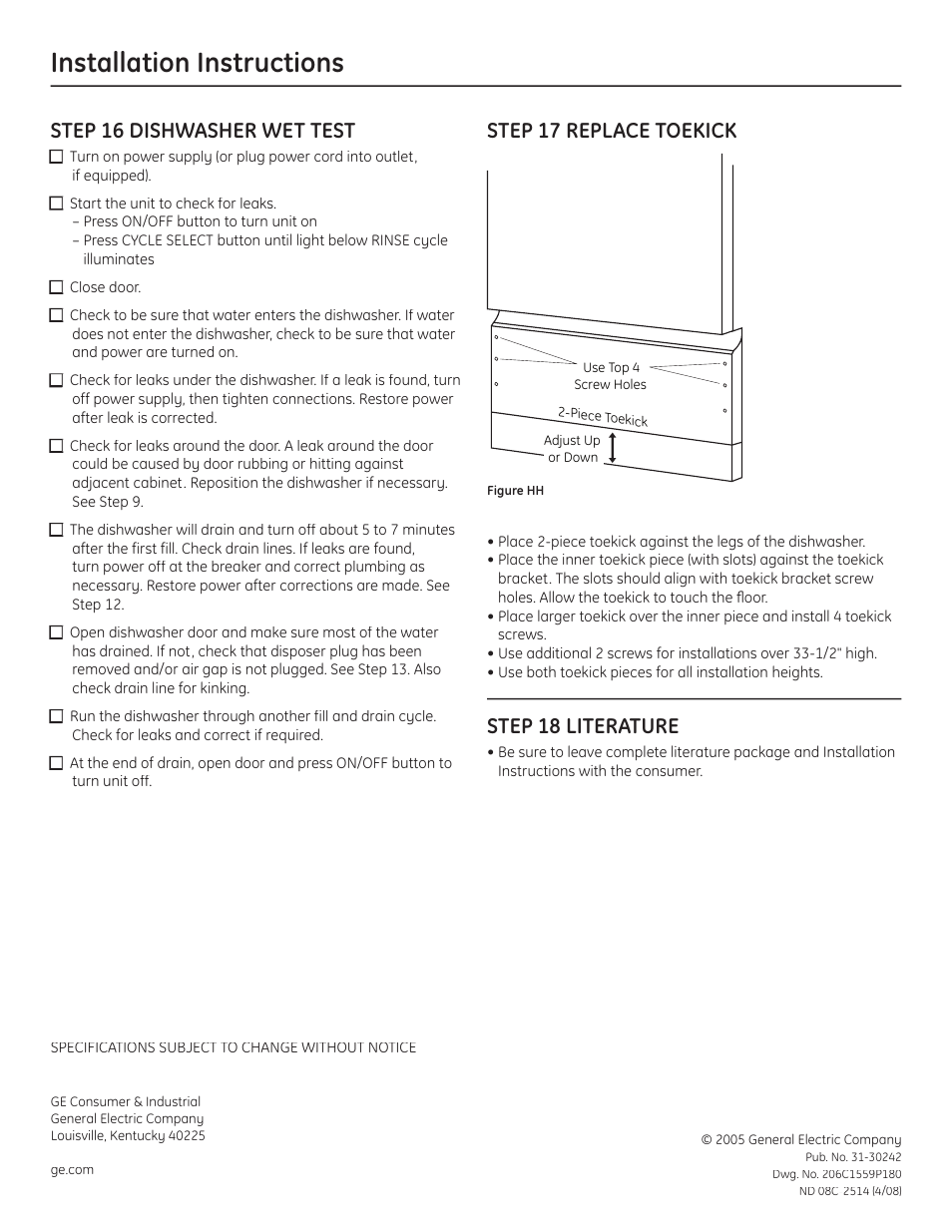 Installation instructions, Step 16 dishwasher wet test, Step 17 replace ...