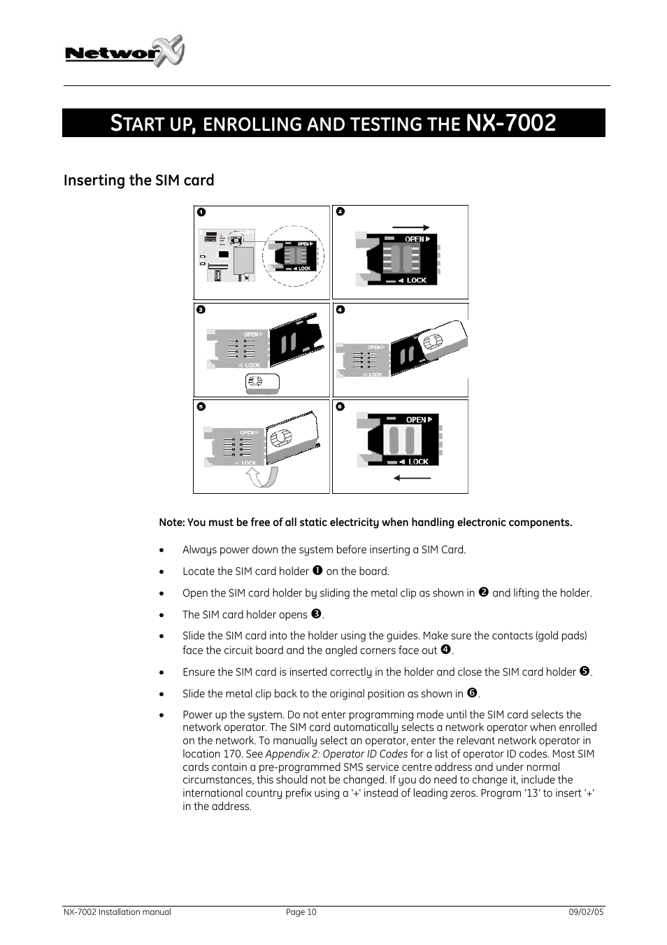 Start up, enrolling and testing the nx-7002, Inserting the sim card, Nserting the | Card, Nx-7002, Tart up, Enrolling and testing the | GE NetworX NX-7002 User Manual | Page 10 / 39