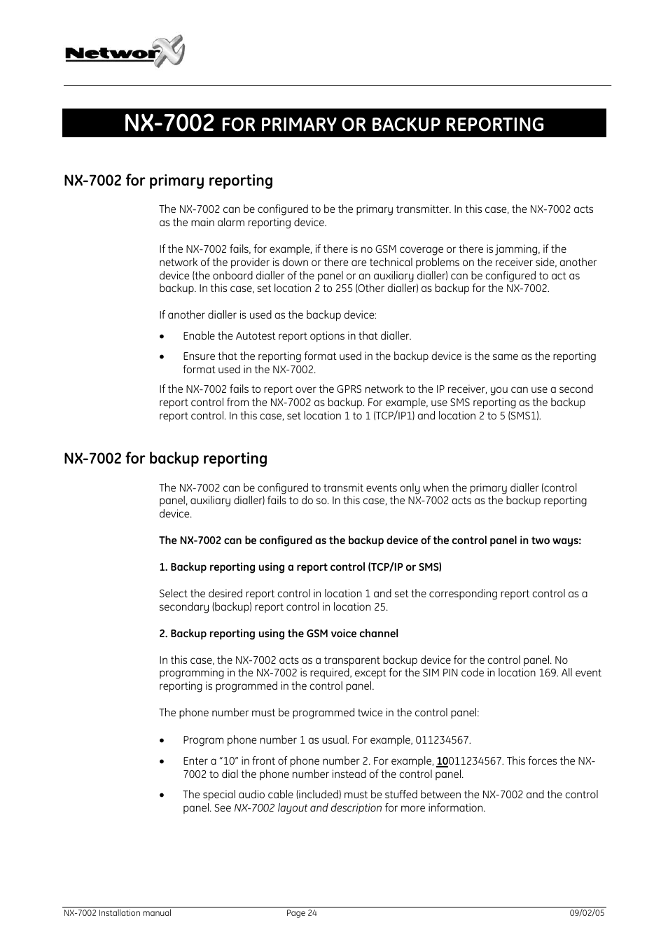 Nx-7002 for primary or backup reporting, Nx-7002 for primary reporting, Nx-7002 for backup reporting | Nx-7002, For primary reporting, For backup reporting, For primary or backup reporting | GE NetworX NX-7002 User Manual | Page 24 / 39