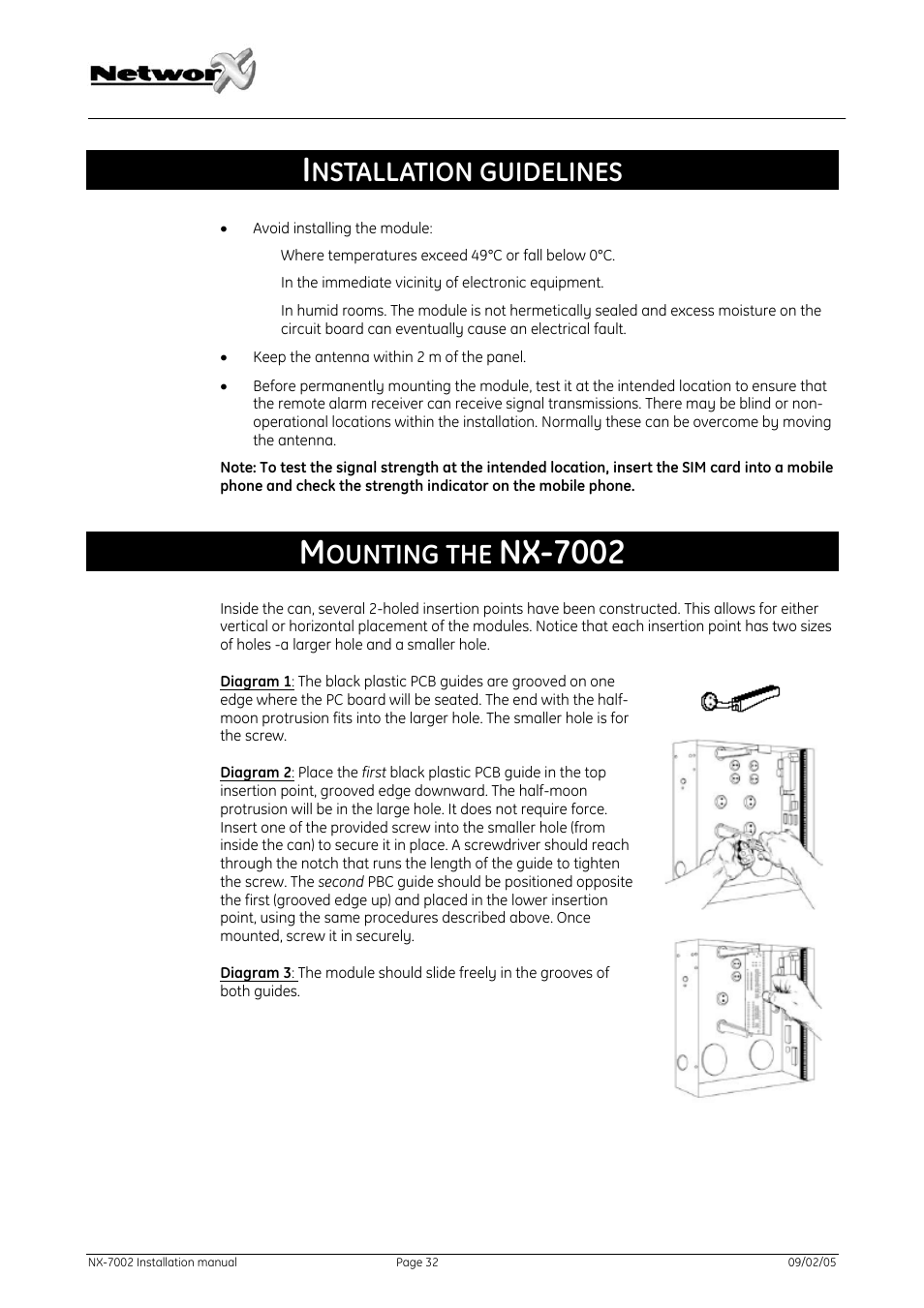 Installation guidelines, Mounting the nx-7002, Nx-7002 | Nstallation guidelines, Ounting the | GE NetworX NX-7002 User Manual | Page 32 / 39