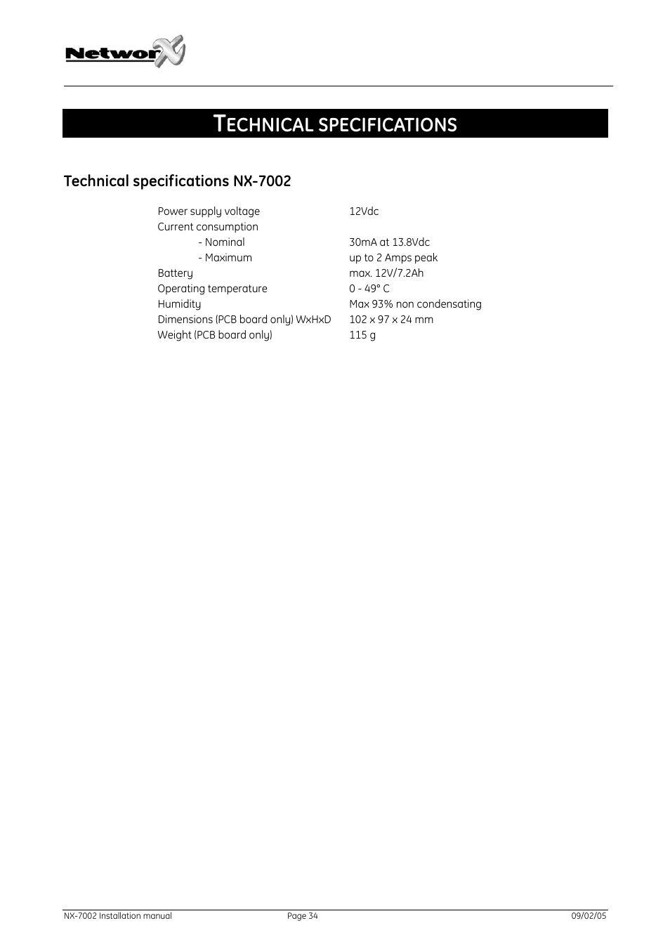Technical specifications, Technical specifications nx-7002, Echnical specifications | Nx-7002 | GE NetworX NX-7002 User Manual | Page 34 / 39