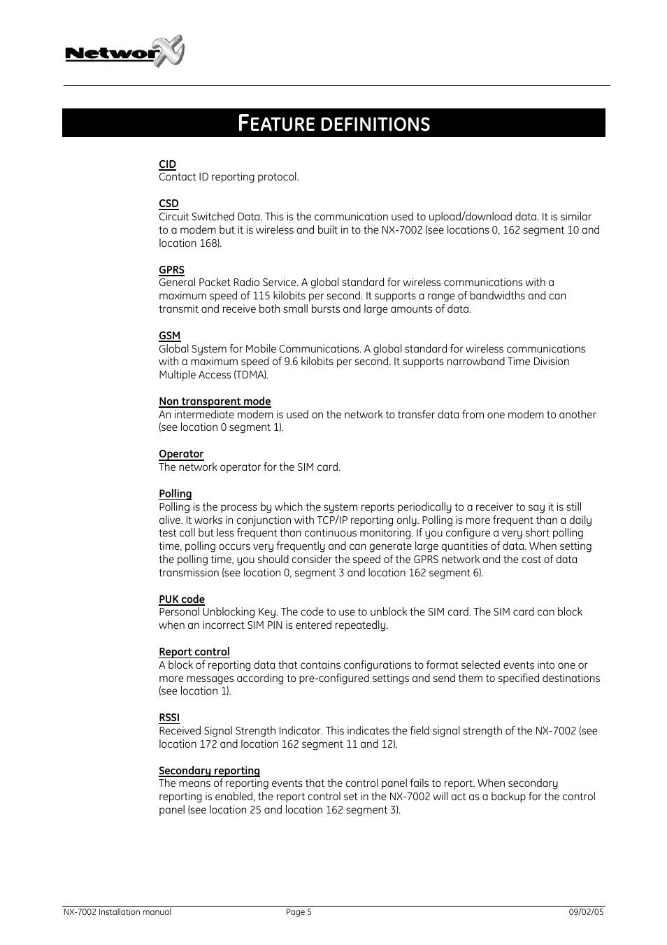 Feature definitions, Eature definitions | GE NetworX NX-7002 User Manual | Page 5 / 39
