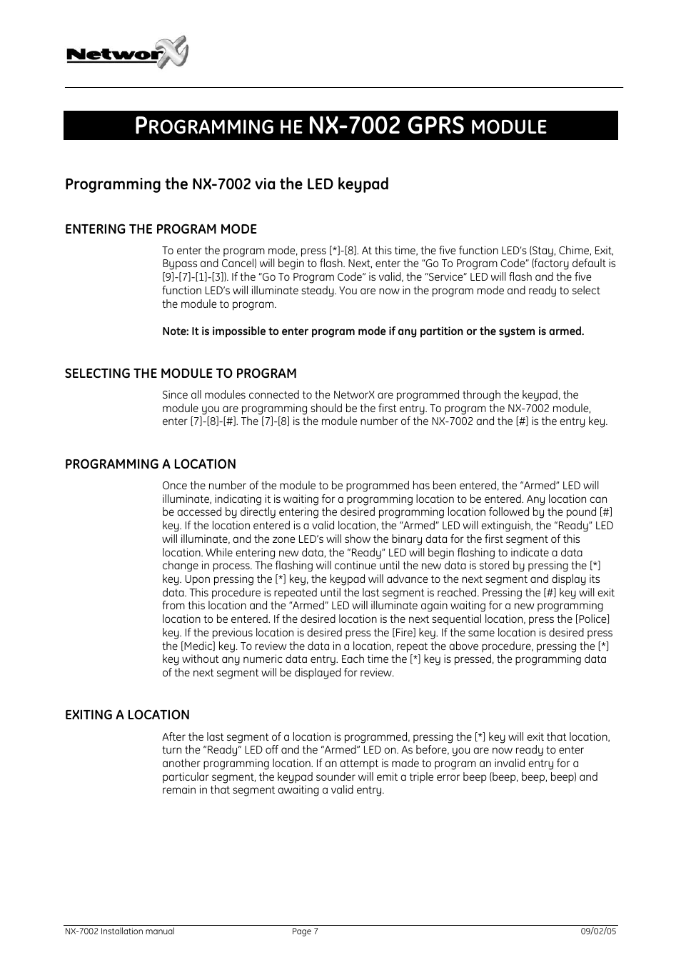 Programming he nx-7002 gprs module, Programming the nx-7002 via the led keypad, Entering the program mode | Selecting the module to program, Programming a location, Exiting a location, Rogramming the, Nx-7002, Via the, Keypad | GE NetworX NX-7002 User Manual | Page 7 / 39