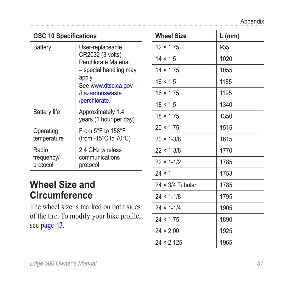 filosofi lyd hjørne Wheel size and circumference, Wheel size and, Circumference | Garmin Edge  500 User Manual | Page 55 / 64 | Original mode