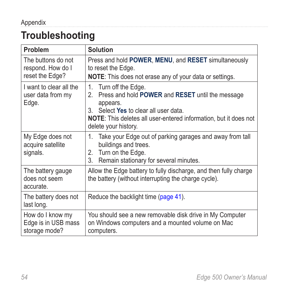 Troubleshooting | Edge 500 User Manual | / 64 | Original mode