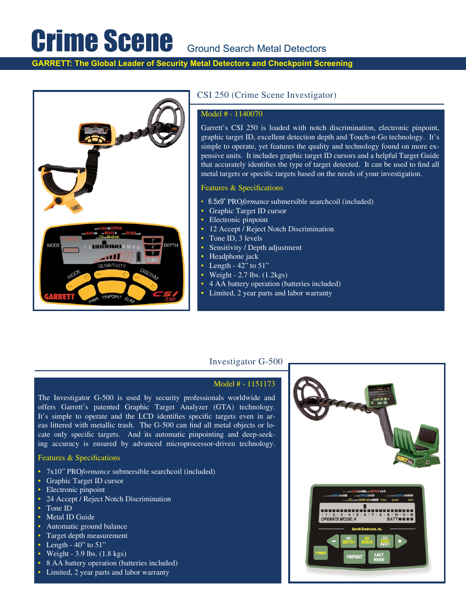 Crime scene, Ground search metal detectors | Garrett Metal Detectors Crime Scene 1603000 User Manual | Page 2 / 4